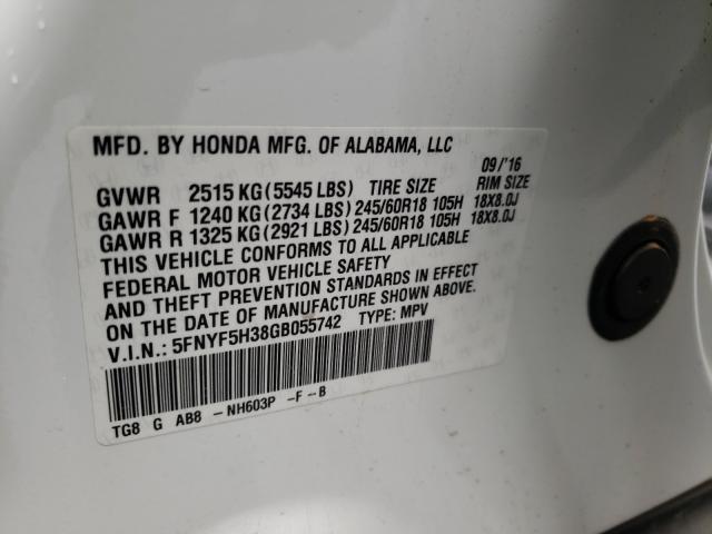 2016 HONDA PILOT EX 5FNYF5H38GB055742