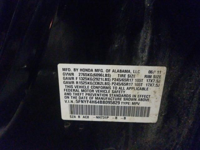 2011 HONDA PILOT EXL 5FNYF4H64BB095829