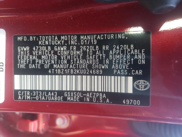 2019 TOYOTA AVALON XLE 4T1BZ1FB2KU024689