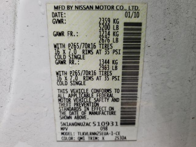 2010 NISSAN XTERRA OFF 5N1AN0NU2AC510931