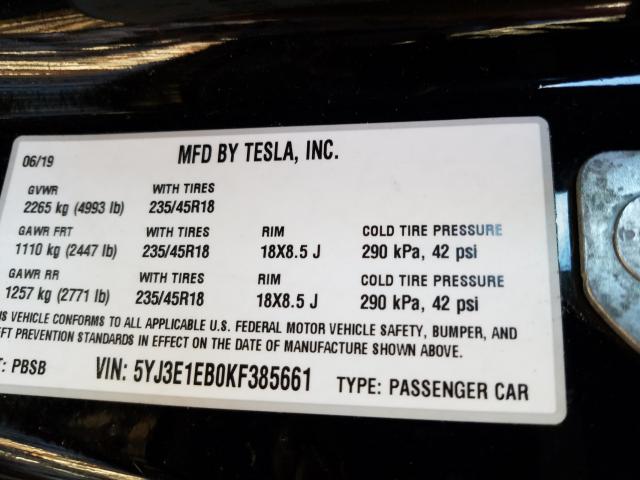 2019 TESLA MODEL 3 5YJ3E1EB0KF385661