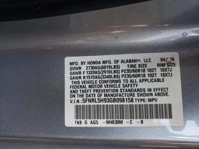 2016 HONDA ODYSSEY TO 5FNRL5H93GB098158