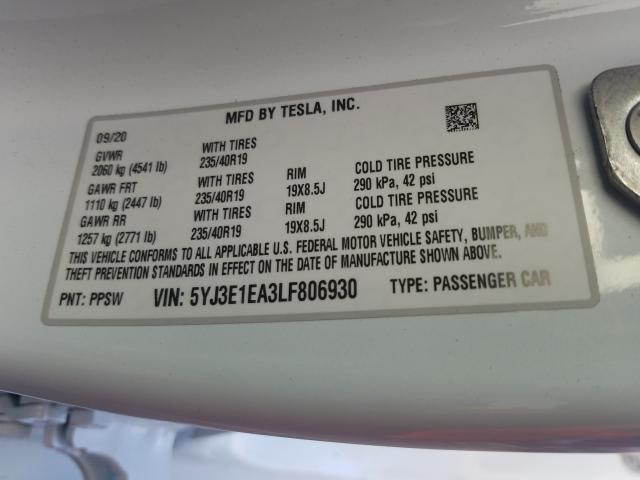 2020 TESLA MODEL 3 5YJ3E1EA3LF806930