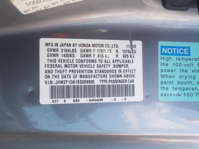 2011 HONDA CR-Z EX JHMZF1D61BS009905