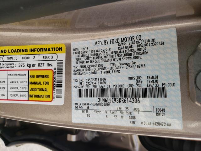 2019 LINCOLN MKZ RESERV 3LN6L5C93KR614306