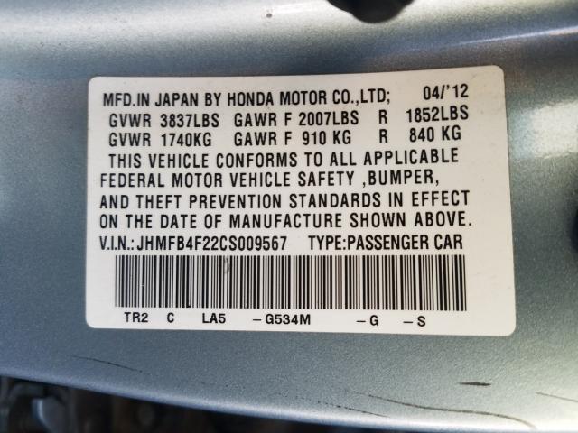 2012 HONDA CIVIC HYBR JHMFB4F22CS009567