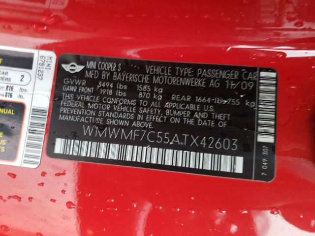 2010 MINI COOPER S WMWMF7C55ATX42603