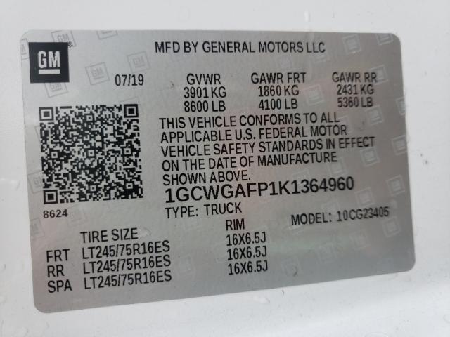 2019 CHEVROLET EXPRESS G2 1GCWGAFP1K1364960
