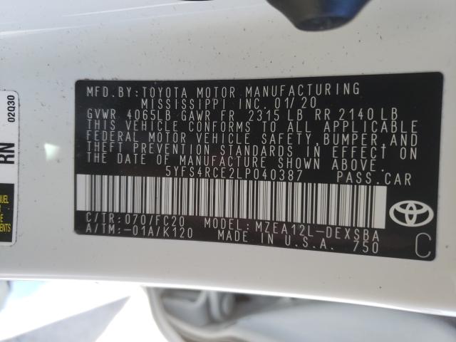 2020 TOYOTA COROLLA SE 5YFS4RCE2LP040387