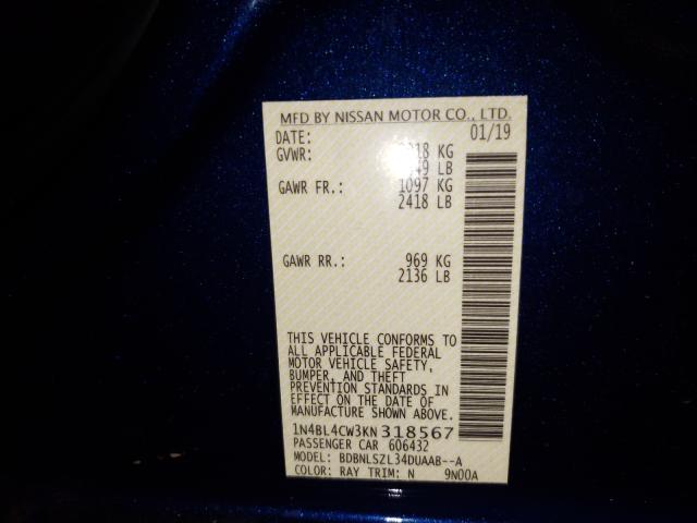 2019 NISSAN ALTIMA SR 1N4BL4CW3KN318567