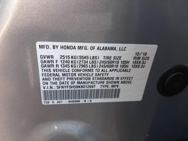 2019 HONDA PILOT EXL 5FNYF5H59KB012697