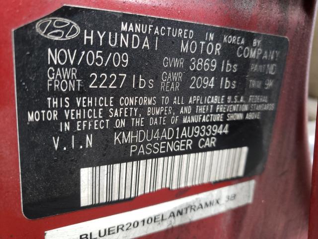 2010 HYUNDAI ELANTRA KMHDU4AD1AU933944