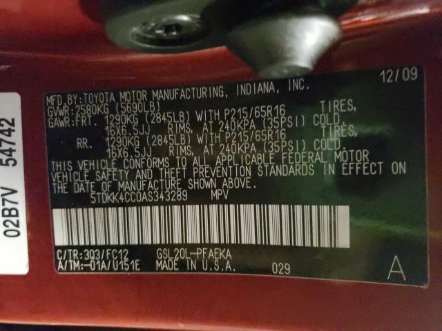 2010 TOYOTA SIENNA CE 5TDKK4CC0AS343289