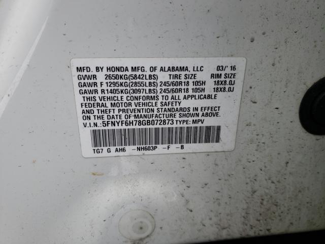 2016 HONDA PILOT EXLN 5FNYF6H78GB072873