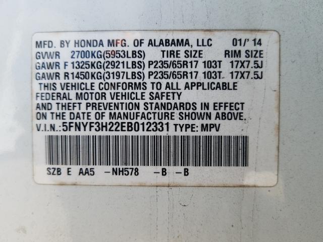 2014 HONDA PILOT LX 5FNYF3H22EB012331