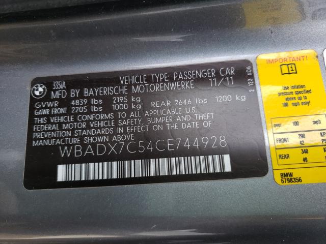 2012 BMW 335 I WBADX7C54CE744928