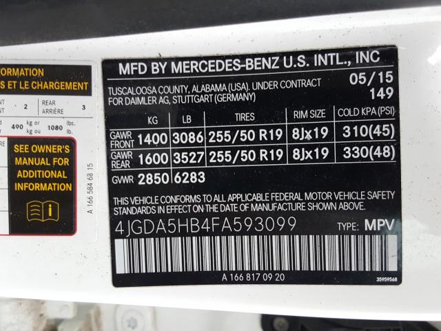 2015 MERCEDES-BENZ ML 350 4MA 4JGDA5HB4FA593099