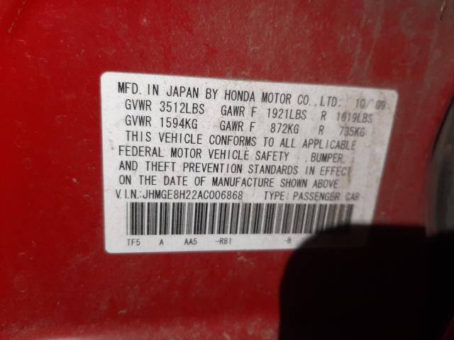 2010 HONDA FIT JHMGE8H22AC006868