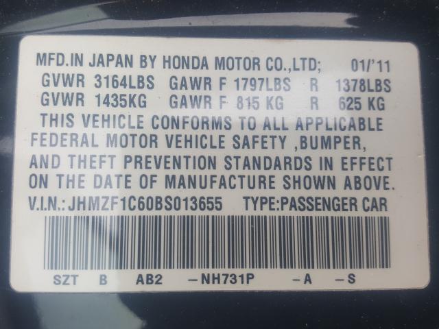 2011 HONDA CR-Z EX JHMZF1C60BS013655