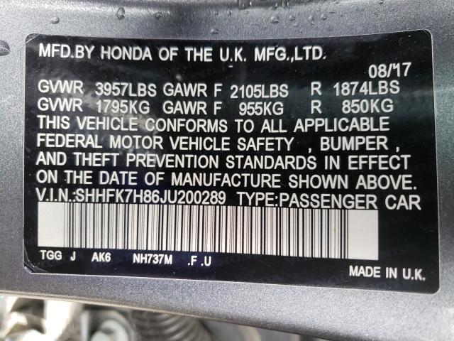 2018 HONDA CIVIC EXL SHHFK7H86JU200289
