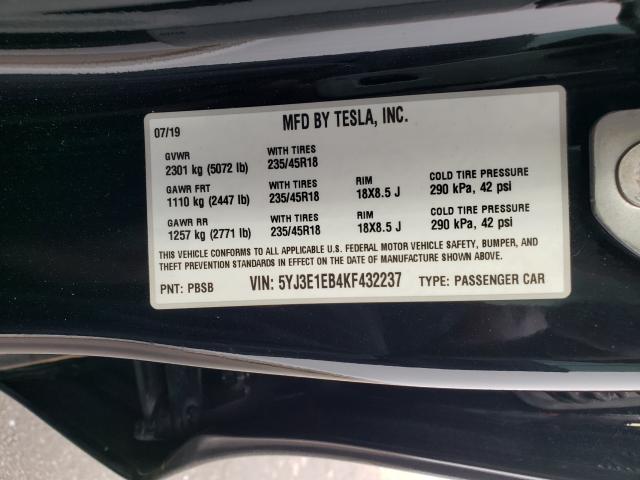 2019 TESLA MODEL 3 5YJ3E1EB4KF432237