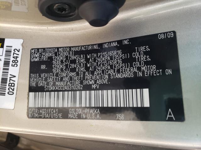 2010 TOYOTA SIENNA CE 5TDKK4CC2AS310262