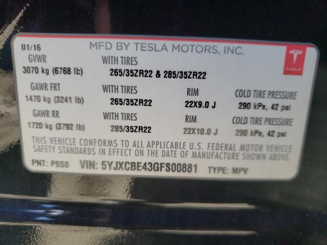 2016 TESLA MODEL X 5YJXCBE43GFS00881