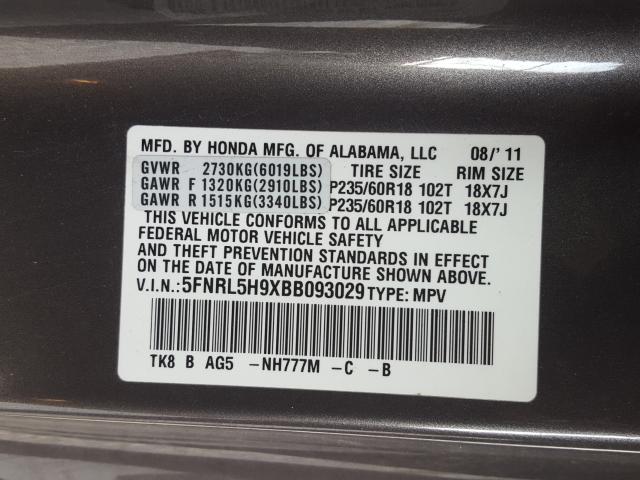 2011 HONDA ODYSSEY TO 5FNRL5H9XBB093029