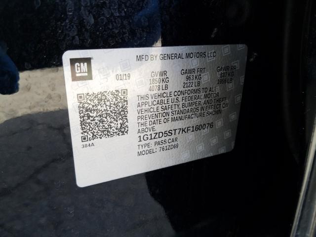 2019 CHEVROLET MALIBU LT - 1G1ZD5ST7KF160076
