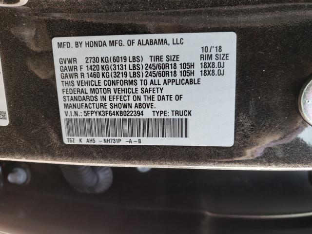 2019 HONDA RIDGELINE 5FPYK3F64KB022394