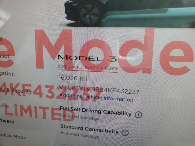 2019 TESLA MODEL 3 5YJ3E1EB4KF432237