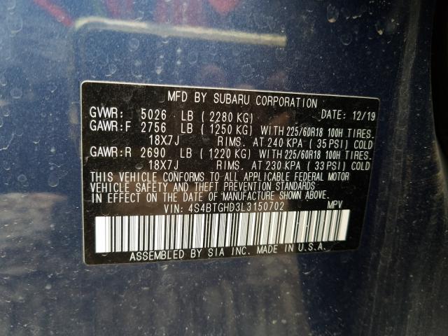 2020 SUBARU OUTBACK ON 4S4BTGHD3L3150702