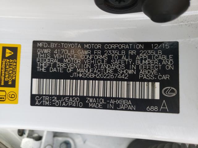 2016 LEXUS CT 200 JTHKD5BH2G2267442