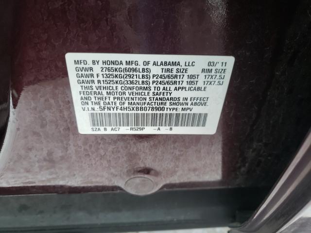 2011 HONDA PILOT EXL 5FNYF4H5XBB078900