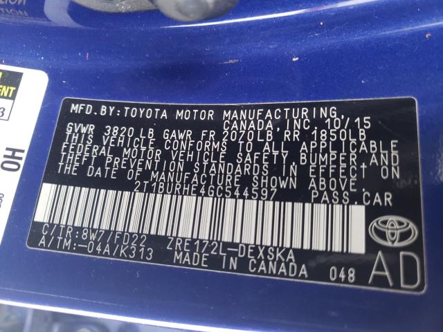 2016 TOYOTA COROLLA L 2T1BURHE4GC544597