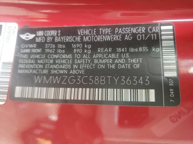 2011 MINI COOPER S C WMWZG3C58BTY36343