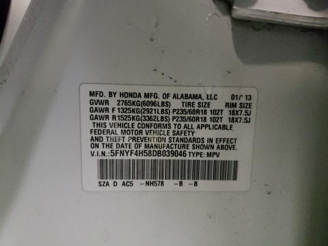 2013 HONDA PILOT EXL 5FNYF4H58DB039046