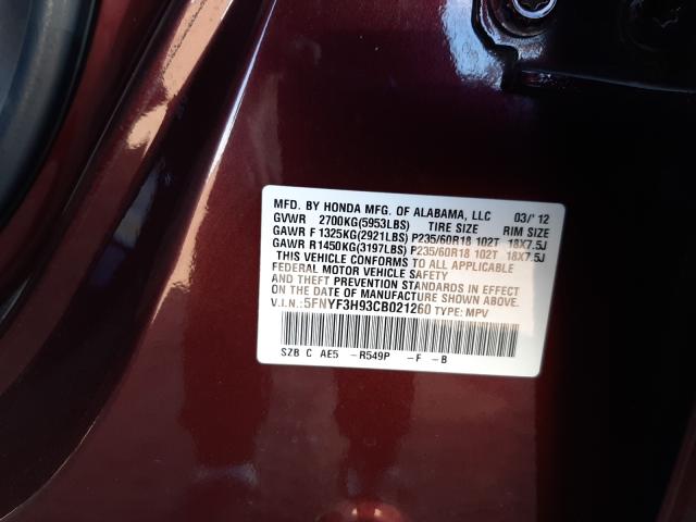 2012 HONDA PILOT TOUR 5FNYF3H93CB021260