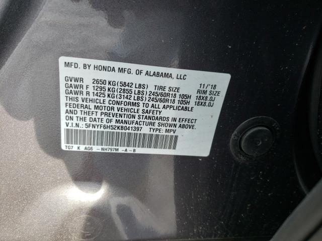 2019 HONDA PILOT EXL 5FNYF6H52KB041397