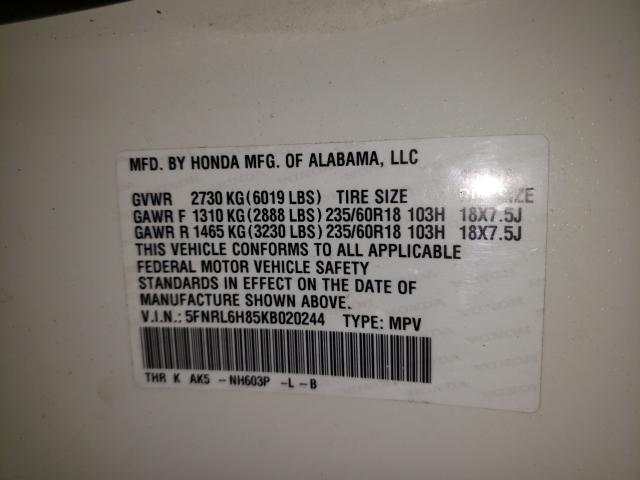 2019 HONDA ODYSSEY TO 5FNRL6H85KB020244