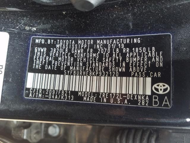 2019 TOYOTA COROLLA L 5YFBURHE8KP932120