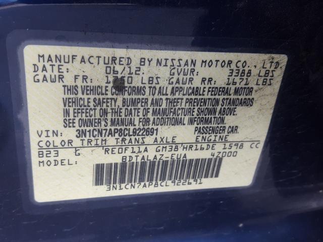 2012 NISSAN VERSA S 3N1CN7AP8CL922691