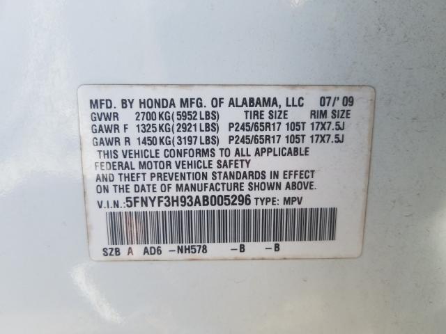 2010 HONDA PILOT TOUR 5FNYF3H93AB005296