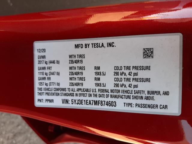 2021 TESLA MODEL 3 5YJ3E1EA7MF874603