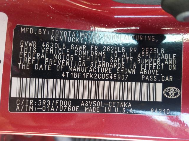 2012 TOYOTA CAMRY 4T1BF1FK2CU545907