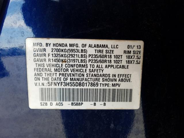 2013 HONDA PILOT EXL 5FNYF3H55DB017869