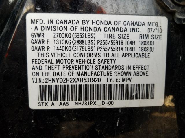 2010 ACURA MDX 2HNYD2H2XAH531920
