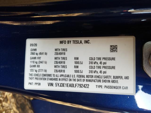 2020 TESLA MODEL 3 5YJ3E1EA0LF792422
