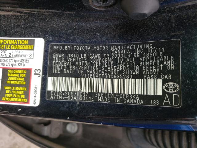 2011 TOYOTA COROLLA BA 2T1BU4EE3BC635263