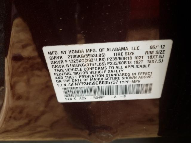 2012 HONDA PILOT EXL 5FNYF3H59CB035757